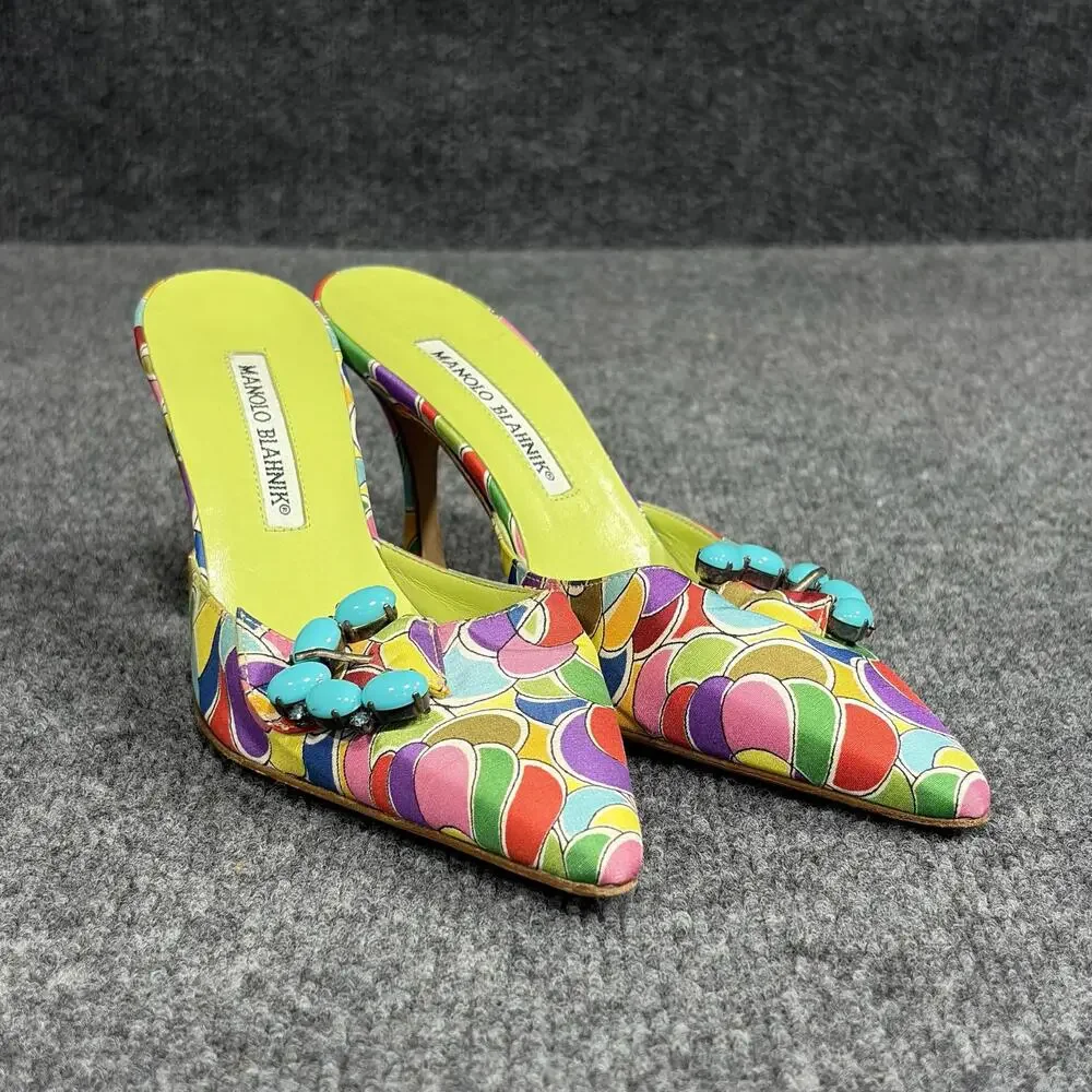 Manolo Blahnik Atomica Shoes Womens 5 Green Blue Printed Silk Mules Heels Italy